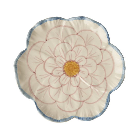 RICE - Keramik Teller in Blumenform, blauer Rand
