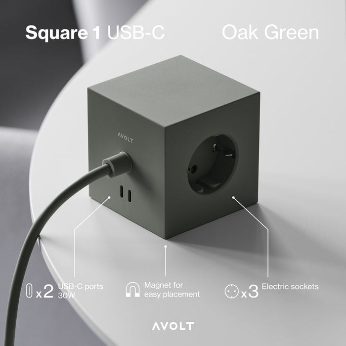 Avolt - Square 1 USB-C & Magnet, oak green