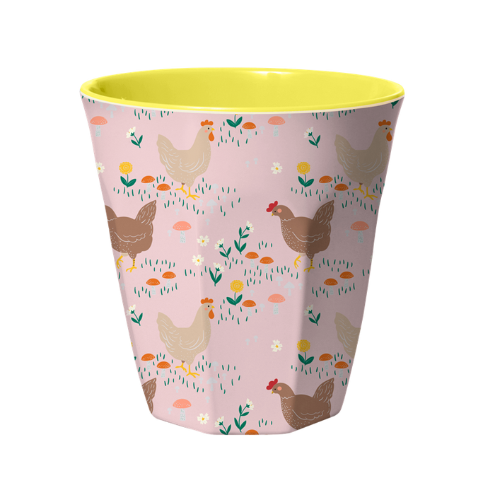 RICE - Melamine Cup with Soft Pink Hen Print - two Tone - medium