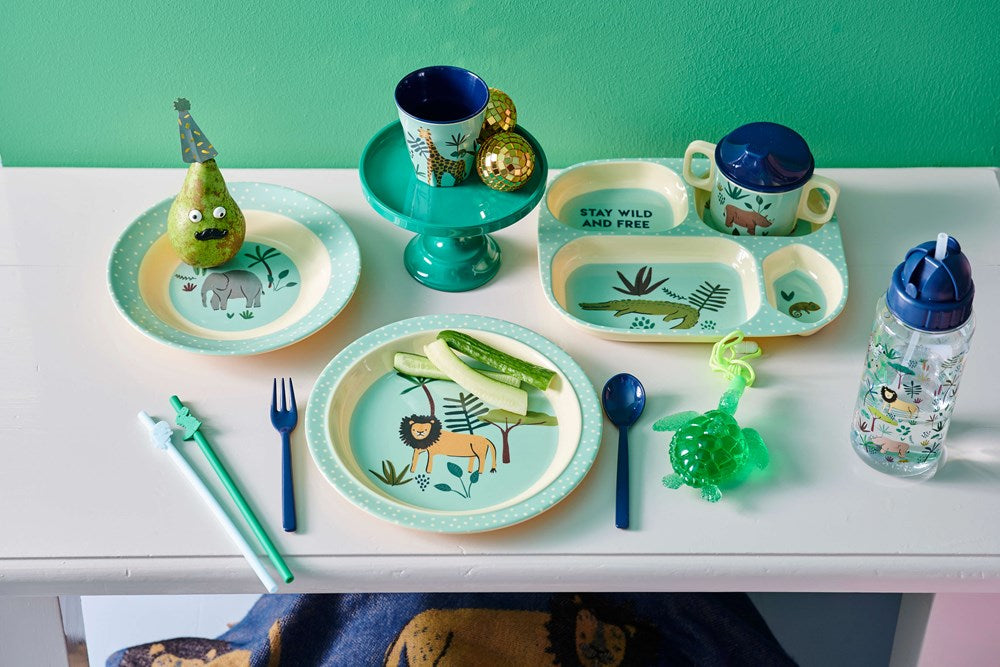 RICE - Melamine Kids Lunch Plate with Blue Jungle Animal Print